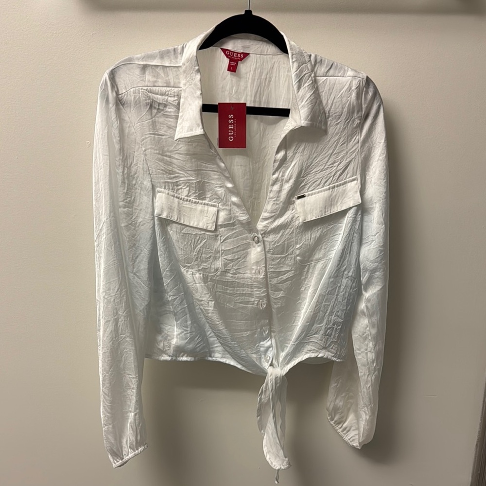 Guess Tag Tie Crop Top Size L Color Pure White